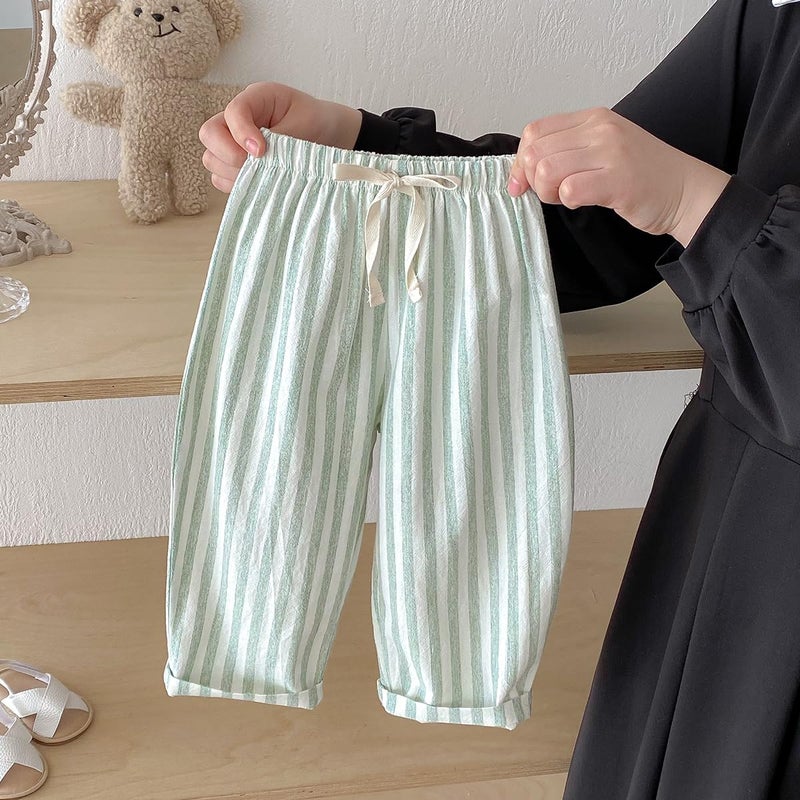 Ashmyova Classic Casual Pants for Boys Thin Cotton Stripe Elastics Waist Spring Summer Trousers Toddler Long Pants 2Pcs Coffee/Green Size 18-24 Months - Image 2