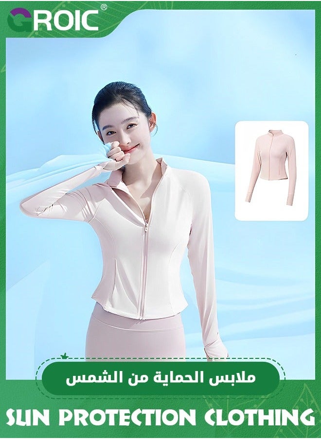 GROIC Women's UPF 50+ UV Sun Protection Clothing, Ice Silk Clothing Long Sleeve Breathable Stand Collar Slim Fit Athletic Hiking Shirts Lightweight Hoodie Zipper Outdoor Jacket  - Image 1
