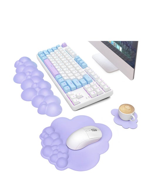 Cloud Mouse Pad Wrist Support Keyboard Wrist Rest Set with Ergonomic Memory Foam,Non-Slip Base,Cloud Coasters for Home,Office,Laptop,Desktop Computer,Easy Typing Pain Relief-Purple