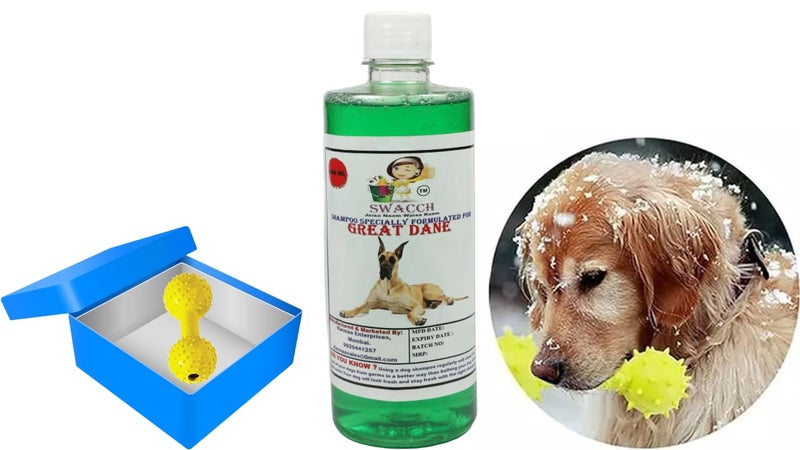 swacch Great Dane Dog Shampoo + Dumbbell Toy I Durable Rubber Dog Toy for Chewing I Playing, Teeth Cleaning & Training Toy I Combo Pack I 500ml Neem Alovera - Image 1