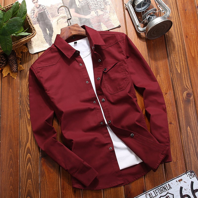 Autumn and Winter New Mens Solid Color Shirt Long Sleeve Youth Cotton Military Style Tooling plus size Jacket for Men Wine red - Image 1