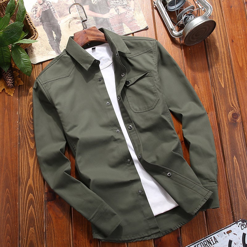Autumn and Winter New Mens Solid Color Shirt Long Sleeve Youth Cotton Military Style Tooling plus size Jacket for Men Wine red - Image 2