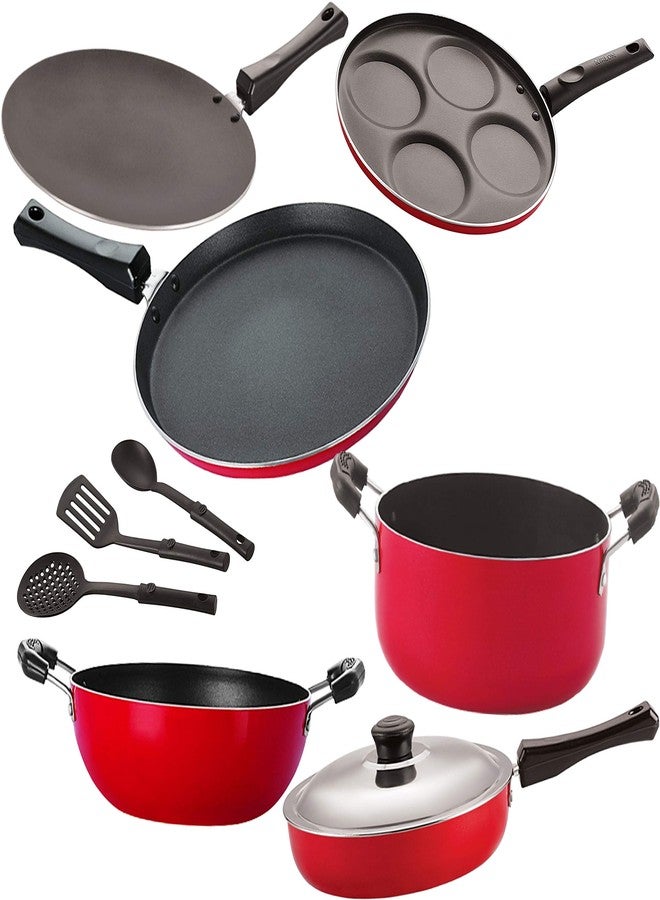 Nirlon Non-Stick Heavy Gauge Aluminium Kitchen Items(Black & Red_Combo Set) [26_CT_FP13_KD12_FT10_Cass20_UP4_3SPN] - Image 1