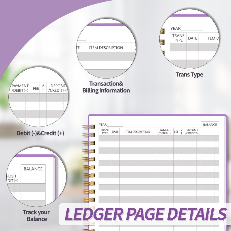 Blugool Accounting Ledger Book for Small Business Bookkeeping & Personal Use, Expense Tracker Notebook for Family Budget, Bookkeeping Record Book, Income and Expense Log Book - 8.4" x 6.1" (Purple) - Image 3