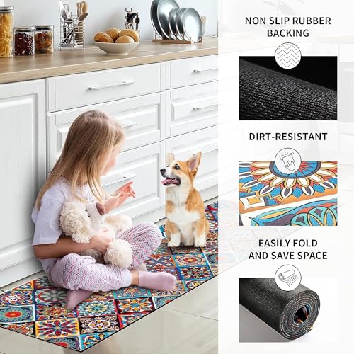 Clefairy Kitchen Rugs 2 Piece Set, Bohemian Kitchen Floor Mat Set, Non-Slip Absorbent Anti-Fatigue Kitchen Mat, Washable Comfort Standing Mat for Kitchen, Bathroom (120 x 40+60 x 40 CM) - Image 3