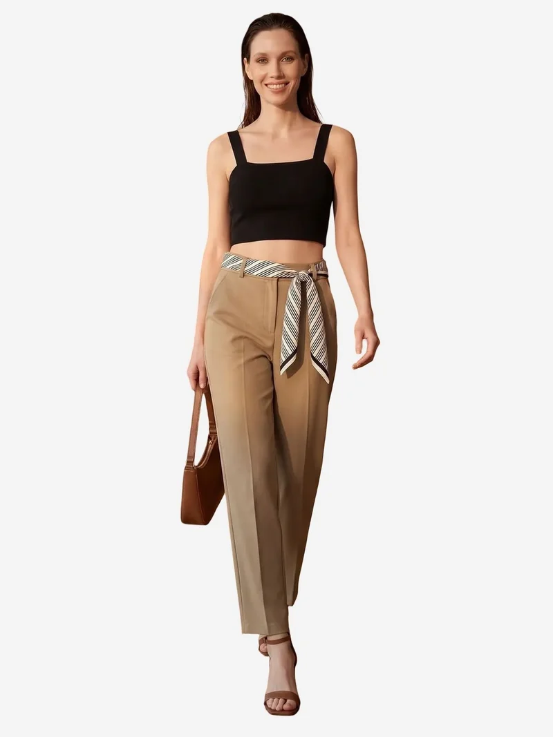 MY FASHION MY FASHION High-Waist Straight-Leg Crepe Trousers with Belt