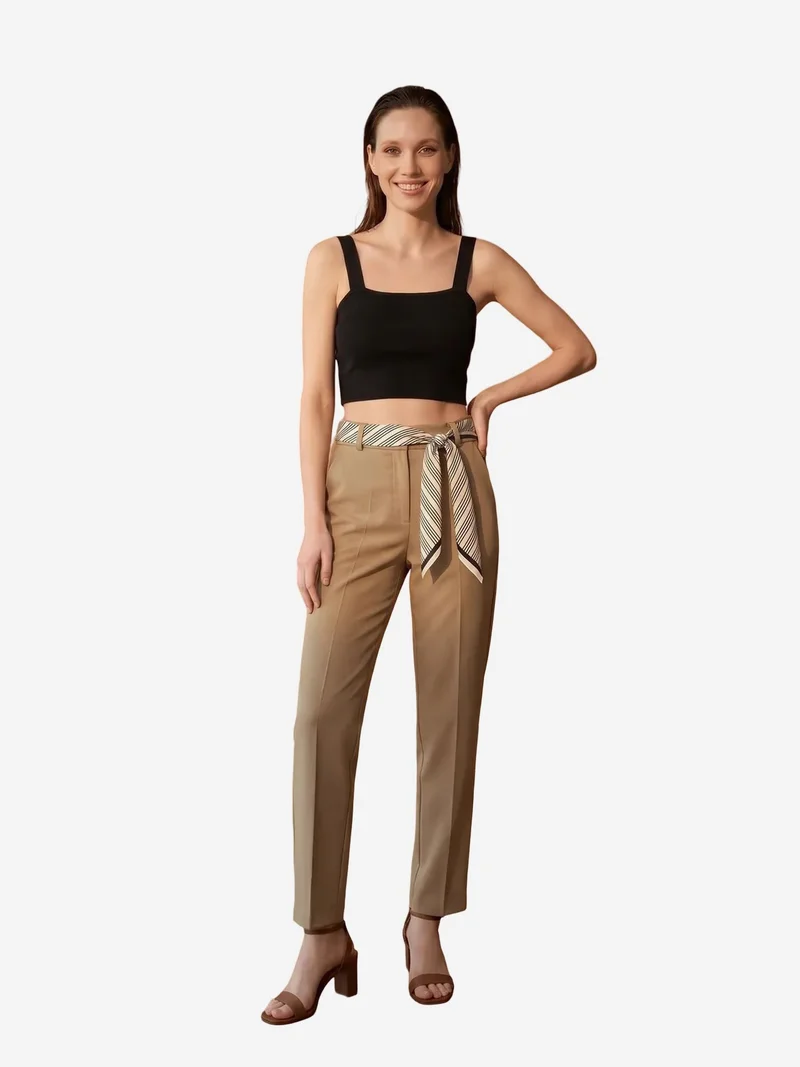 My Fashion Tan Natural MY FASHION High-Waist Straight-Leg Crepe Trousers with Belt for Women | Best Price UAE
