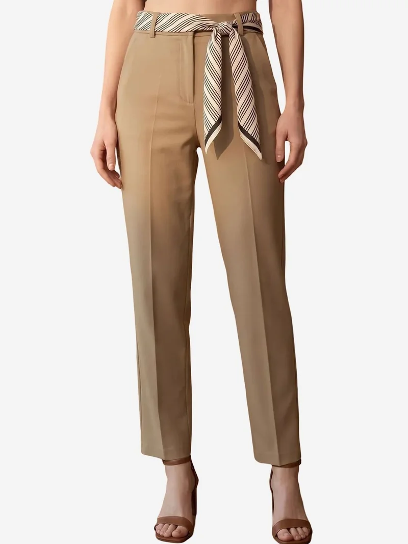 MY FASHION MY FASHION High-Waist Straight-Leg Crepe Trousers with Belt