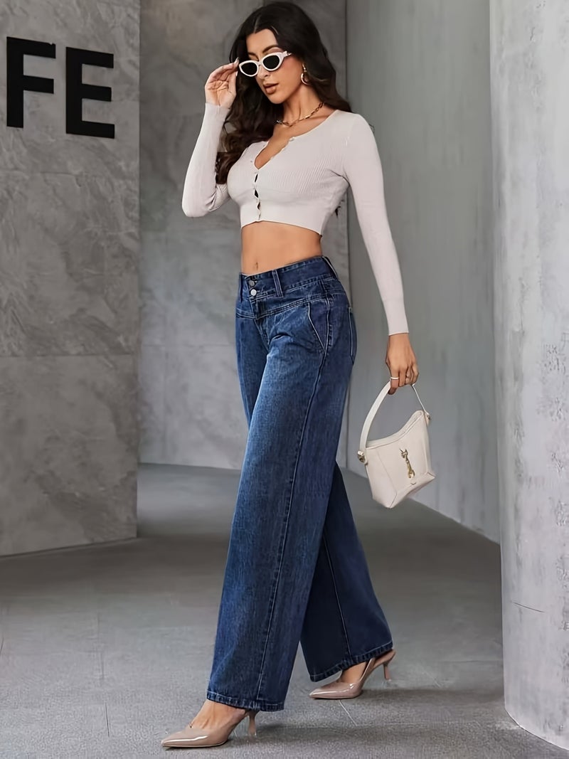 Women's High-Waisted Wide-Leg Jeans Pants - Stretch Washed Blue Denim Trousers with Classic Straight-Leg Fit, All-Season Wear, Belt Loops & Durable (Casual\u002FDress) - Machine Washable... - Image 4