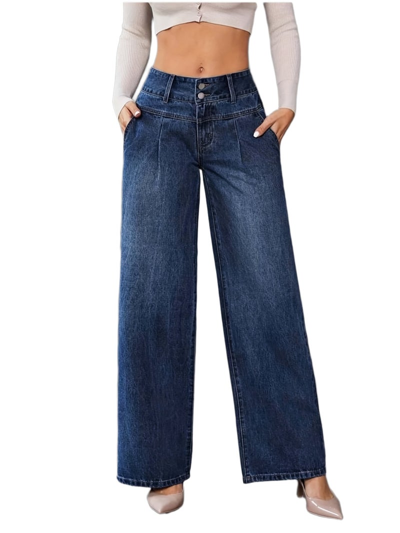 Women's High-Waisted Wide-Leg Jeans Pants - Stretch Washed Blue Denim Trousers with Classic Straight-Leg Fit, All-Season Wear, Belt Loops & Durable (Casual\u002FDress) - Machine Washable... - Image 1