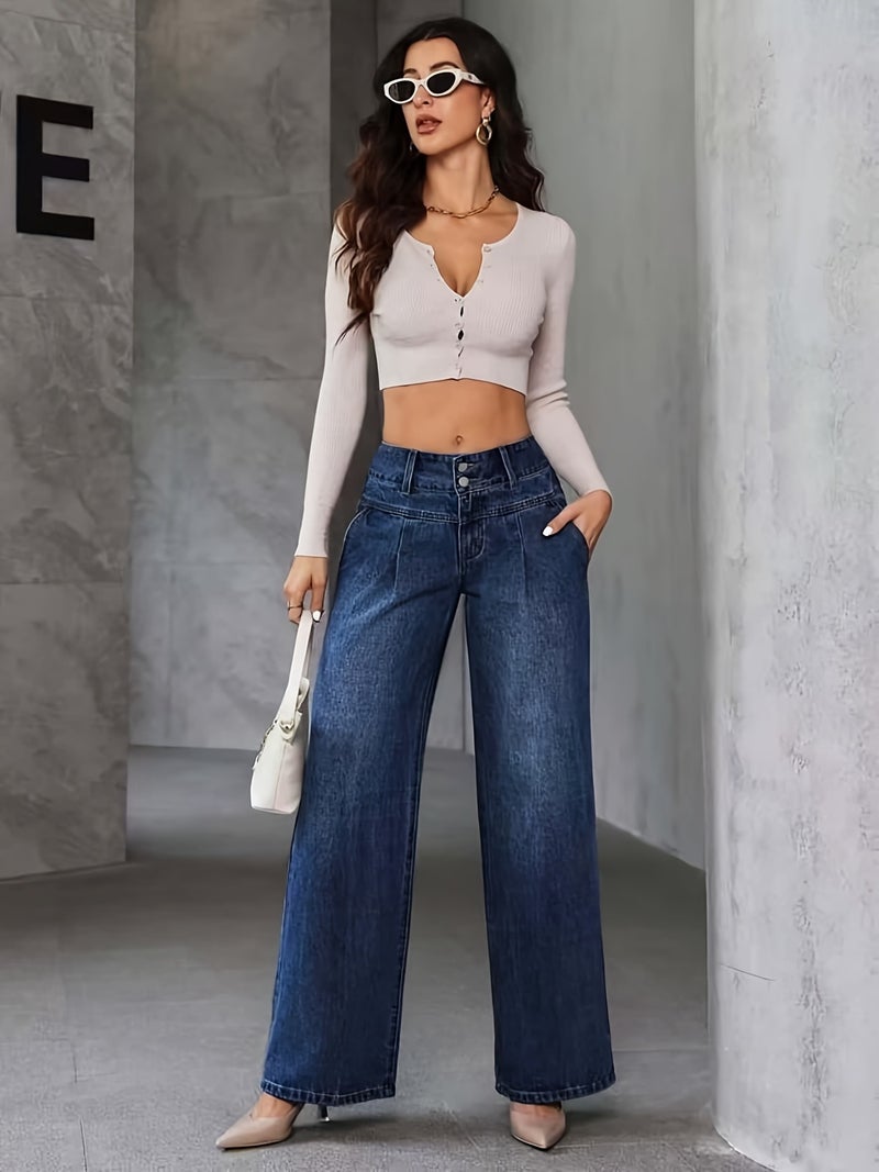 Women's High-Waisted Wide-Leg Jeans Pants - Stretch Washed Blue Denim Trousers with Classic Straight-Leg Fit, All-Season Wear, Belt Loops & Durable (Casual\u002FDress) - Machine Washable... - Image 5