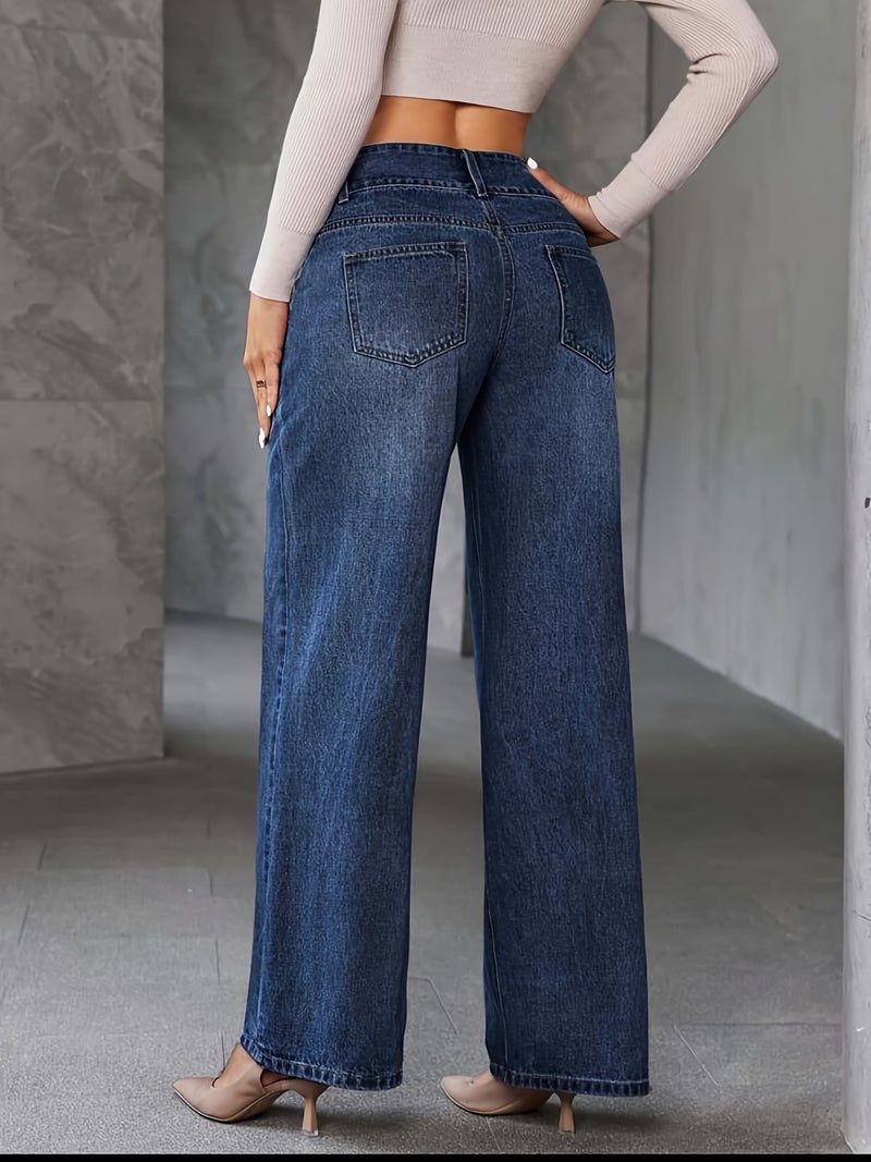 Women's High-Waisted Wide-Leg Jeans Pants - Stretch Washed Blue Denim Trousers with Classic Straight-Leg Fit, All-Season Wear, Belt Loops & Durable (Casual\u002FDress) - Machine Washable... - Image 3