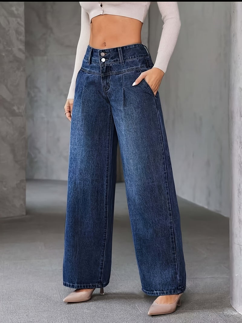 Women's High-Waisted Wide-Leg Jeans Pants - Stretch Washed Blue Denim Trousers with Classic Straight-Leg Fit, All-Season Wear, Belt Loops & Durable (Casual\u002FDress) - Machine Washable... - Image 2