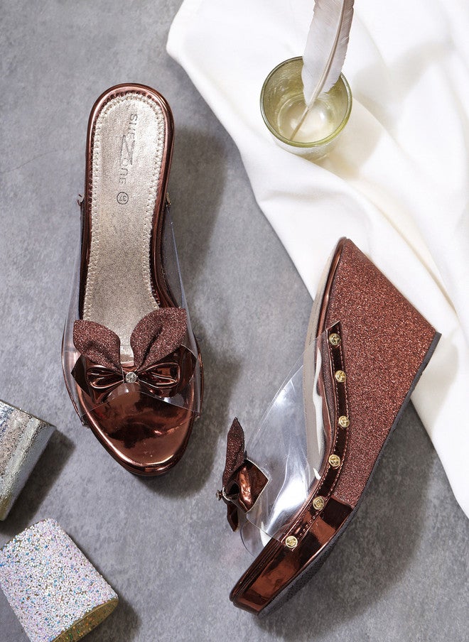 She Zone أحذية شوزون النسائية بكعب ويدج نحاسي - Image 1