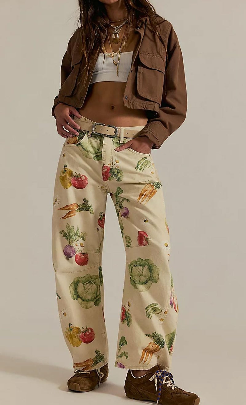 loveimgs Women Boyfriend Baggy Barrel Jeans Floral Print Denim Ankle Pants Wide Leg Mid Rise Jeans Sweatpants Y2k Patchwork (Large,Vegetable) - Image 2