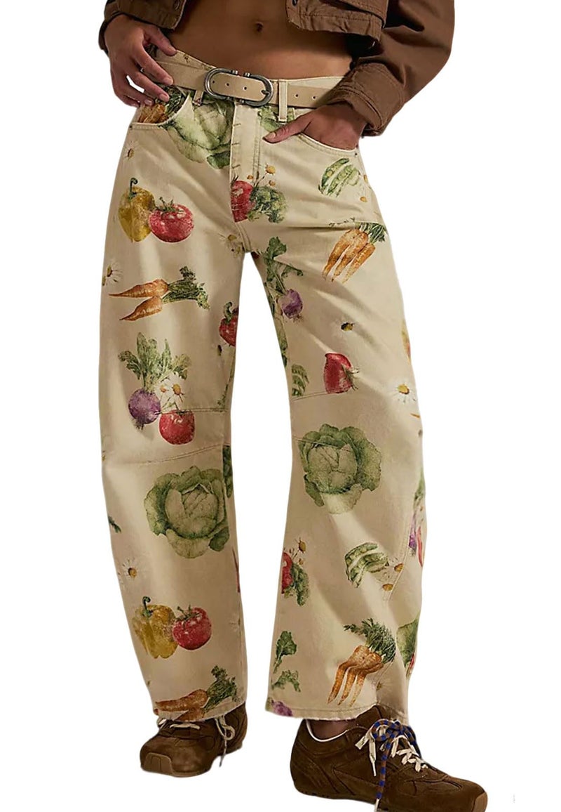 loveimgs Women Boyfriend Baggy Barrel Jeans Floral Print Denim Ankle Pants Wide Leg Mid Rise Jeans Sweatpants Y2k Patchwork (Large,Vegetable) - Image 1