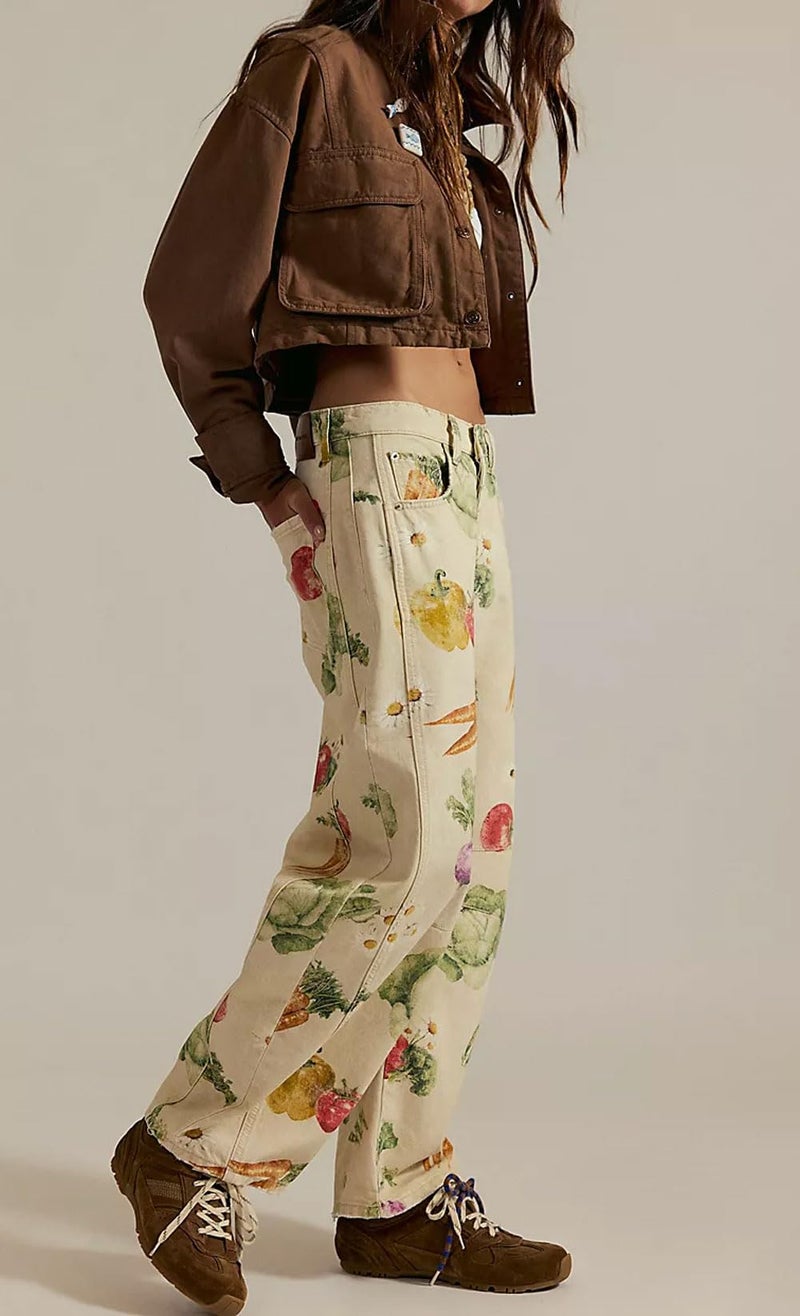 loveimgs Women Boyfriend Baggy Barrel Jeans Floral Print Denim Ankle Pants Wide Leg Mid Rise Jeans Sweatpants Y2k Patchwork (Large,Vegetable) - Image 3