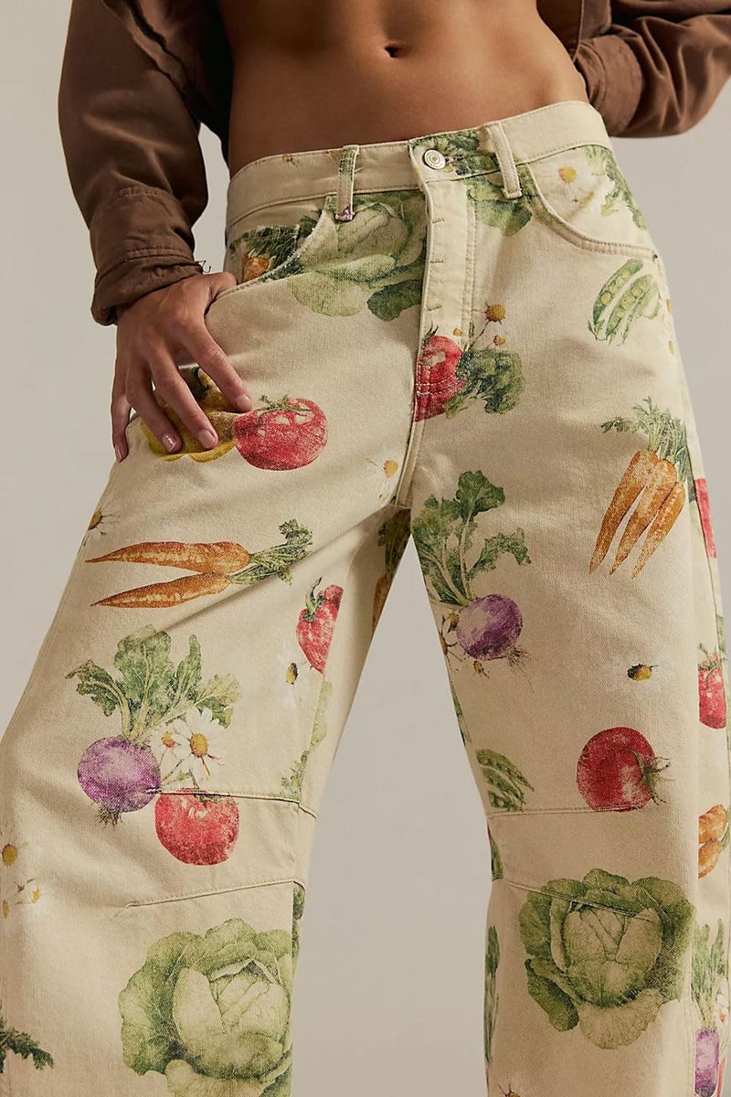 loveimgs Women Boyfriend Baggy Barrel Jeans Floral Print Denim Ankle Pants Wide Leg Mid Rise Jeans Sweatpants Y2k Patchwork (Large,Vegetable) - Image 4