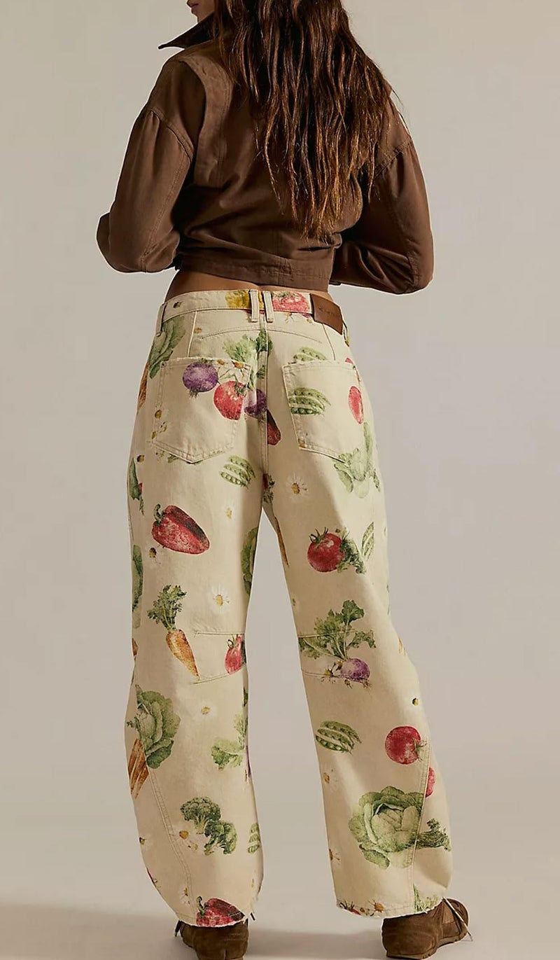 loveimgs Women Boyfriend Baggy Barrel Jeans Floral Print Denim Ankle Pants Wide Leg Mid Rise Jeans Sweatpants Y2k Patchwork (Large,Vegetable) - Image 5