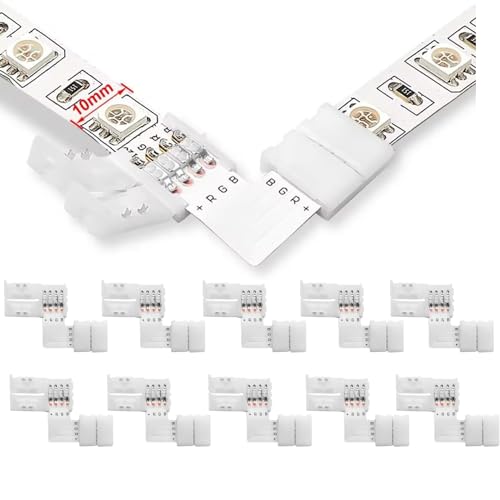 SNOOGG Pack of Ten 4 Pin RGB 10mm LED Strip Extension connectors L Type Gapless Solderless (4 Pin L Type 10 Pc D-101) Unwired Gapless led Strip Adapter Extension - Image 1