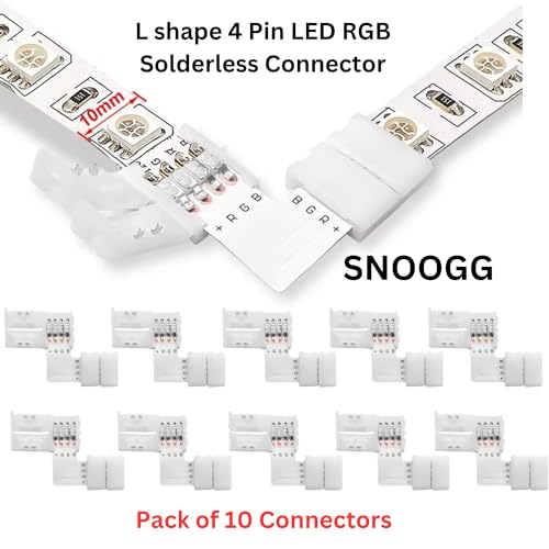 SNOOGG Pack of Ten 4 Pin RGB 10mm LED Strip Extension connectors L Type Gapless Solderless (4 Pin L Type 10 Pc D-101) Unwired Gapless led Strip Adapter Extension - Image 2