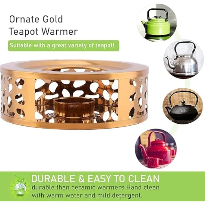 Silk Route Tea Warmer Stainless Steel Tea Pot Heater Tea Holder With Candle Holder Teapot Warmers Tea Pot Heater With Ornate Design For Glass Ceramic Teapots And Other Heatproof Pots Gold - Image 3
