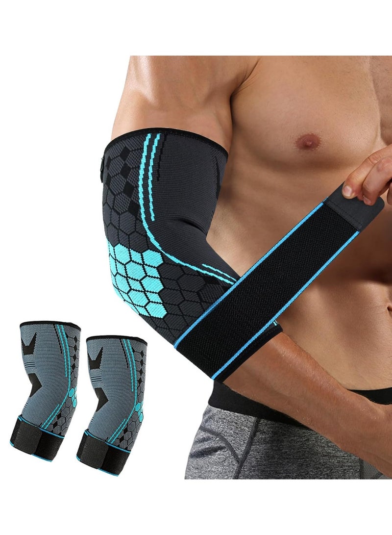 Arabest 2 PACK Elbow Brace for Men Women, Elbow Compression Sleeves With Adjustable Straps, Tennis Elbow Golfer Elbow Treatment Arm Support for Workout Weightlifting Tendonitis Pain Relief (Blue, Small) - Image 1