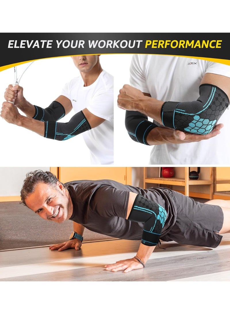 Arabest 2 PACK Elbow Brace for Men Women, Elbow Compression Sleeves With Adjustable Straps, Tennis Elbow Golfer Elbow Treatment Arm Support for Workout Weightlifting Tendonitis Pain Relief (Blue, Small) - Image 2