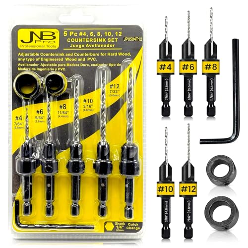 JNB Pro Wood Countersink Drill Bit Set, 5PC #4 (7/64") #6 (9/64") #8 (11/164") #10 (3/16") and #12 (7/32") Avellanador para Madera with Adjustable Stop Collar & Hex Wrench - Tapered Drill Bits - Image 1