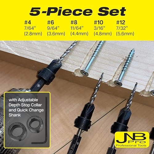 JNB Pro Wood Countersink Drill Bit Set, 5PC #4 (7/64") #6 (9/64") #8 (11/164") #10 (3/16") and #12 (7/32") Avellanador para Madera with Adjustable Stop Collar & Hex Wrench - Tapered Drill Bits - Image 4