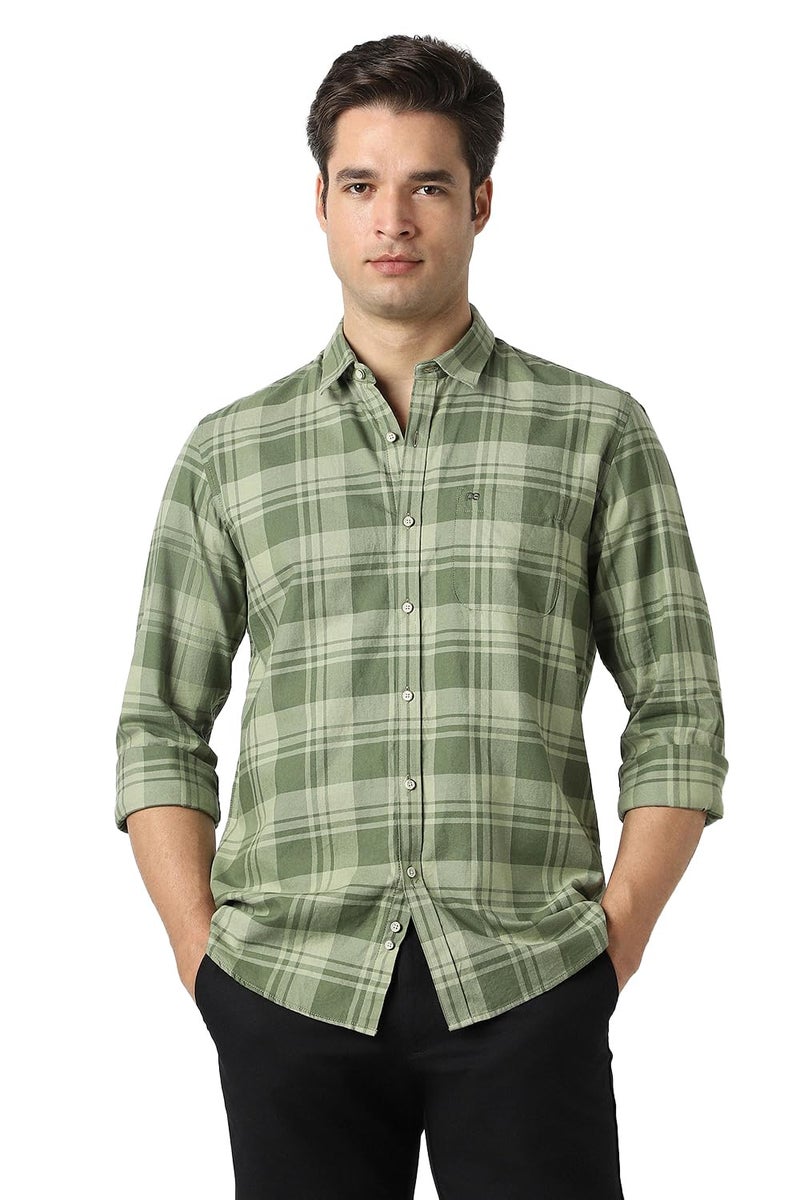 Peter England Men Green Slim Fit Check Full Sleeves Casual Shirt - Image 1