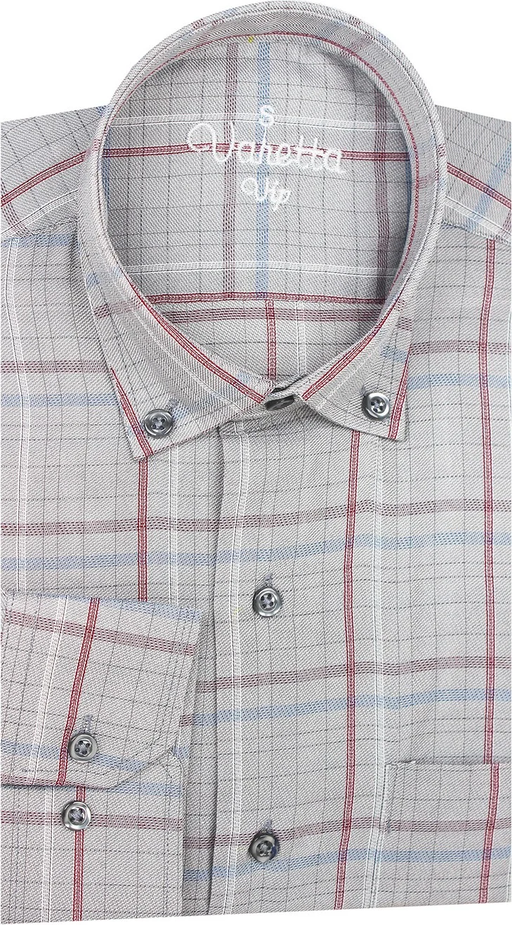 Varetta Men's Gray Classic Cut Check Collar Buttoned Single Pocket Long Sleeve Shirt