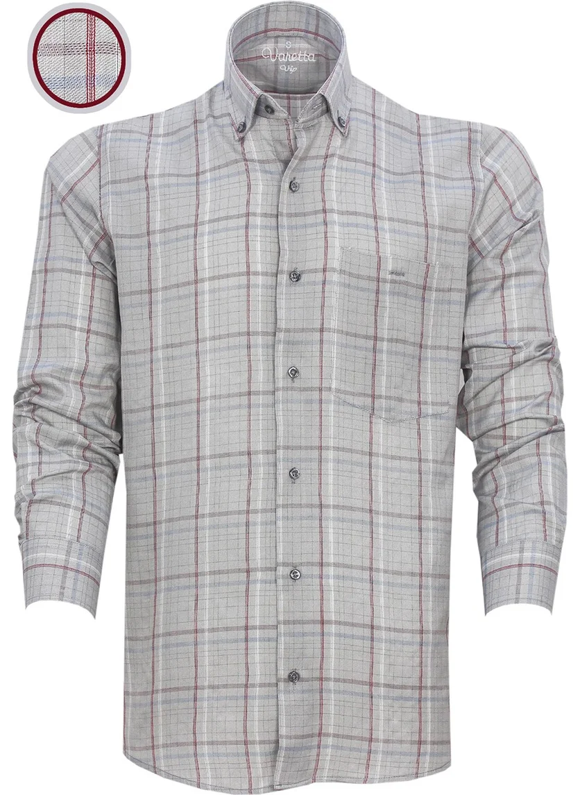 Varetta Men's Gray Classic Cut Check Collar Buttoned Single Pocket Long Sleeve Shirt