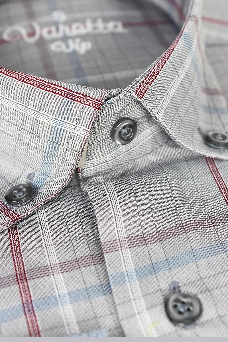 Varetta Men's Gray Classic Cut Check Collar Buttoned Single Pocket Long Sleeve Shirt