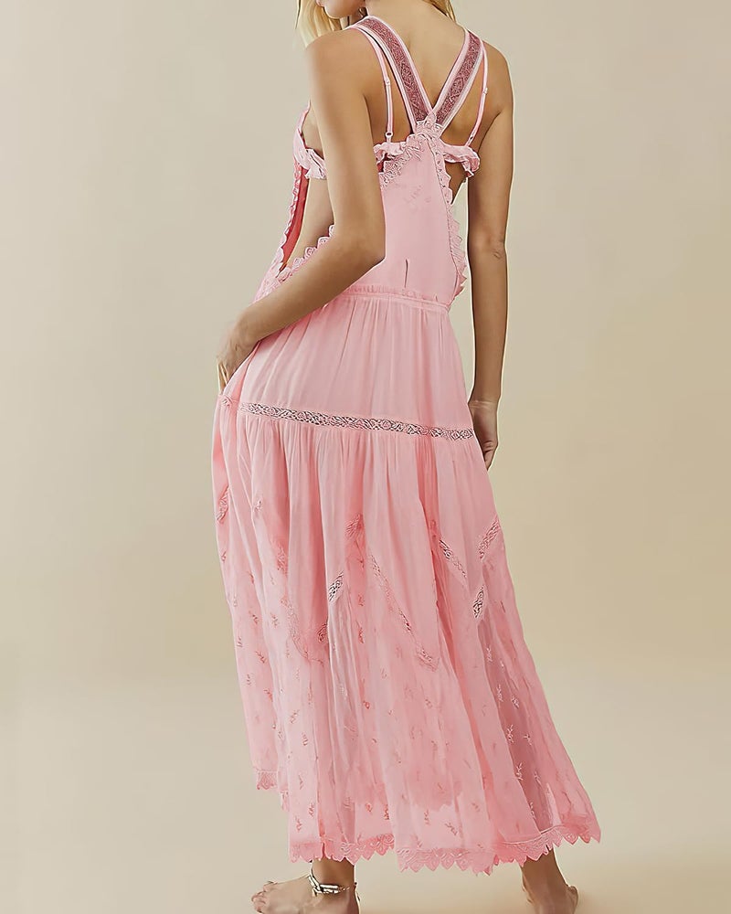 ebossy Women's Laced Embroidered Tulle Bib Dress Casual Loose Adjustable Straps Maxi Dress (XL, Pink) - Image 2