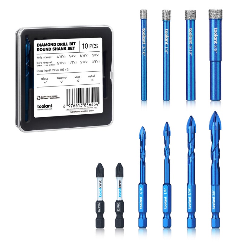 toolant 10PCS Diamond Drill Bits Set, Tile Drill Bits for Ceramic,Glass, Porcelain,Marble and Granite, Ceramic Drill Bit for pots with Cooling Wax, 1/4" Round Shank,3/16"-3/8" - Image 1