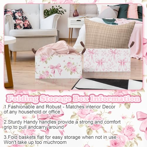 Boao Foldable Storage Baskets Dinosaur Easter Rabbit Classical Flowers Bow Laundry Basket with Handles Waterproof Storage Bins Fabric Shelf Baskets15 x 11 x 8 InchesPink Floral3 Pcs - Image 3