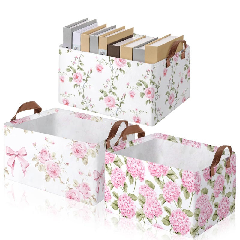 Boao Foldable Storage Baskets Dinosaur Easter Rabbit Classical Flowers Bow Laundry Basket with Handles Waterproof Storage Bins Fabric Shelf Baskets15 x 11 x 8 InchesPink Floral3 Pcs - Image 2