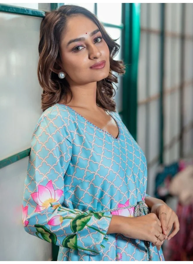 أيه كيه إس Sky Blue Pichwai Art Pleated Maxi Dress