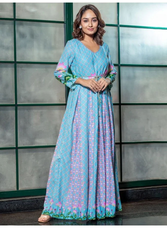 أيه كيه إس Sky Blue Pichwai Art Pleated Maxi Dress