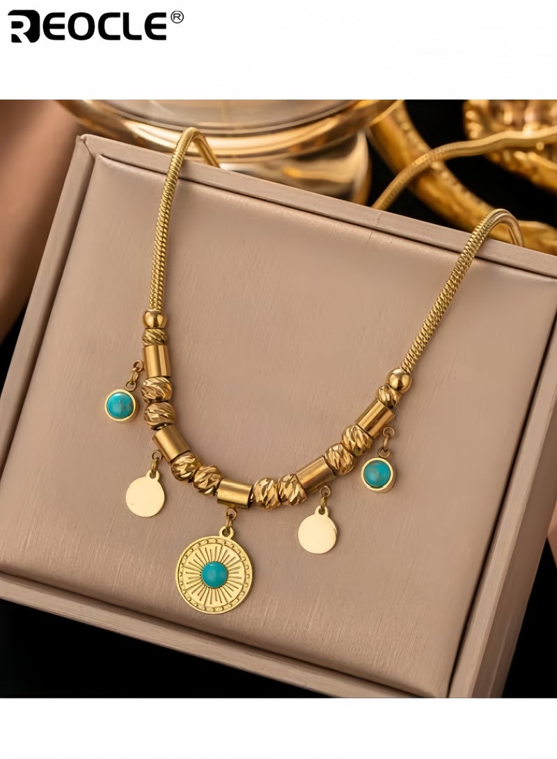 ريوكل قلادة نسائية تركوازية مطرزة بالخرز على الطراز البوهيمي قلادة لوتس عقدة فيروزية عتيقة الطراز، قلادة لوتس نسائية قلادة زفاف تركوازية هدية زفاف للنساء - Image 1