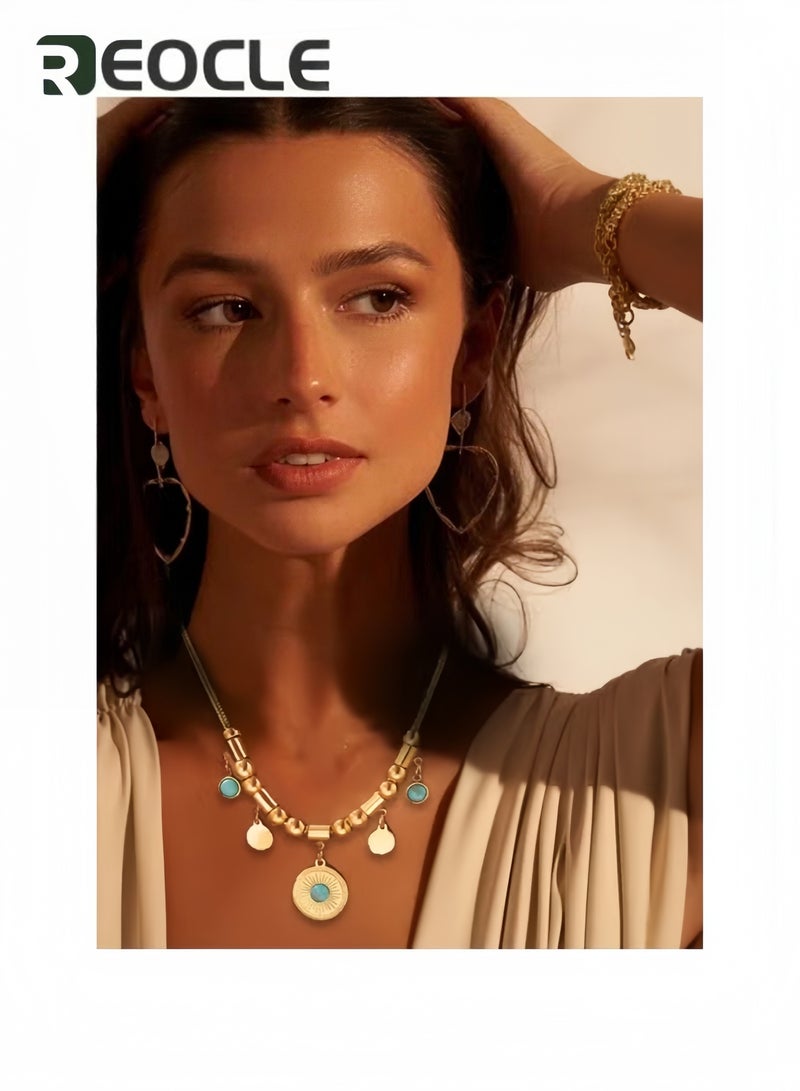 ريوكل قلادة نسائية تركوازية مطرزة بالخرز على الطراز البوهيمي قلادة لوتس عقدة فيروزية عتيقة الطراز، قلادة لوتس نسائية قلادة زفاف تركوازية هدية زفاف للنساء - Image 3