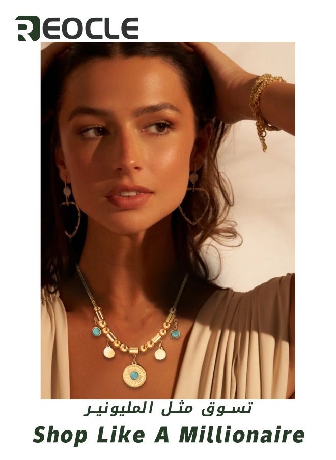 REOCLE Women's Necklace Turquoise Beaded Lanyard Bohemian Style Turquoise Vintage Knot Lotus Pendant Jewelry Women Turquoise Wedding Gift Pendant for Women  - Image 3