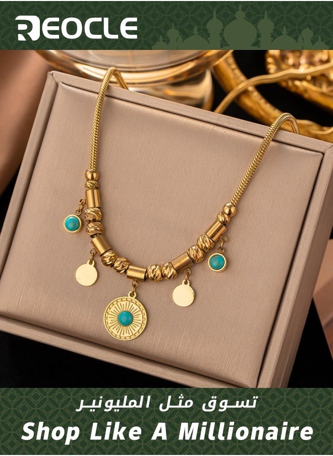 REOCLE Women's Necklace Turquoise Beaded Lanyard Bohemian Style Turquoise Vintage Knot Lotus Pendant Jewelry Women Turquoise Wedding Gift Pendant for Women  - Image 1