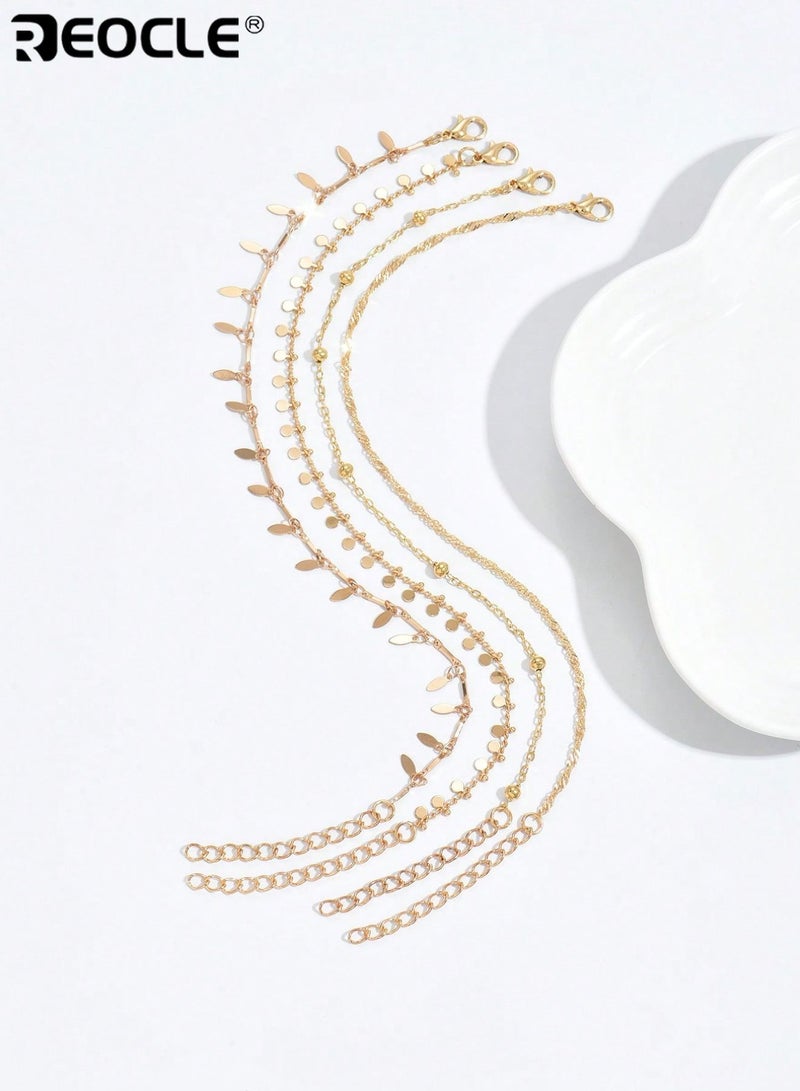 REOCLE 4PCS Women's Foot Chain Multi-Layered Anklet Set with Dangling Charms Gold-Tone Foot Chain Fashion Accessory for Daily Styling Beach Looks and Special Occasions - Image 5