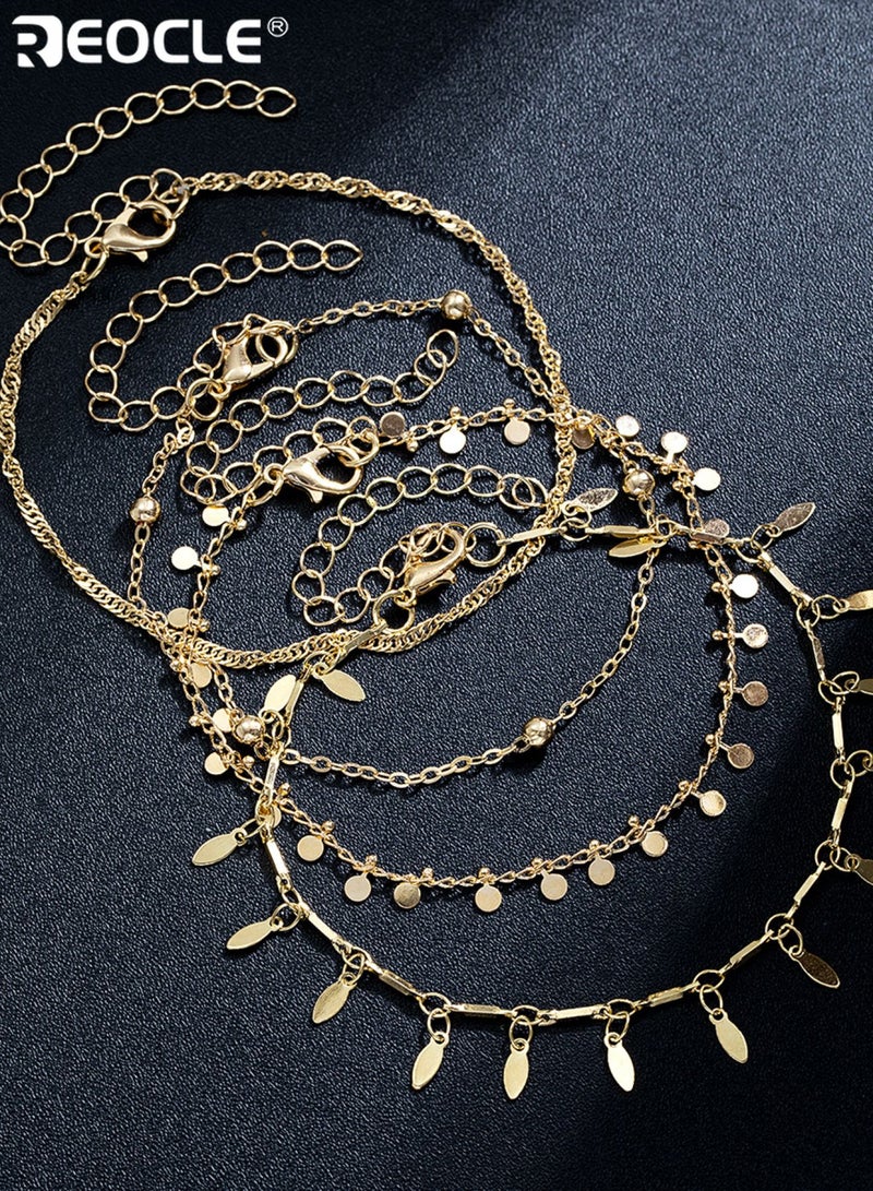 REOCLE 4PCS Women's Foot Chain Multi-Layered Anklet Set with Dangling Charms Gold-Tone Foot Chain Fashion Accessory for Daily Styling Beach Looks and Special Occasions - Image 3