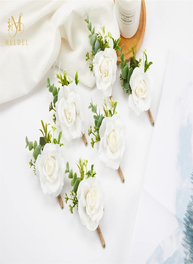 Meldel White Corsage and Boutonniere Set, Ivory Boutonniere, Prom Flower Wrist Corsage Bracelets, Homecoming Corsage Wristlet, Men Boutonniere for Wedding Flowers Accessories Prom Suit Decorations - Image 3