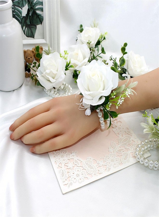 Meldel White Corsage and Boutonniere Set, Ivory Boutonniere, Prom Flower Wrist Corsage Bracelets, Homecoming Corsage Wristlet, Men Boutonniere for Wedding Flowers Accessories Prom Suit Decorations - Image 4