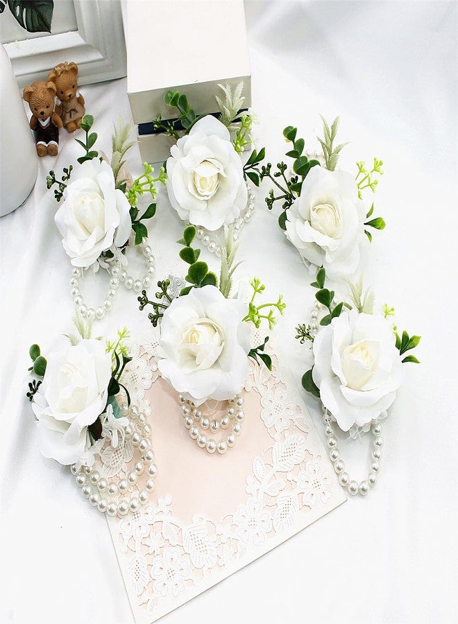 Meldel White Corsage and Boutonniere Set, Ivory Boutonniere, Prom Flower Wrist Corsage Bracelets, Homecoming Corsage Wristlet, Men Boutonniere for Wedding Flowers Accessories Prom Suit Decorations - Image 2