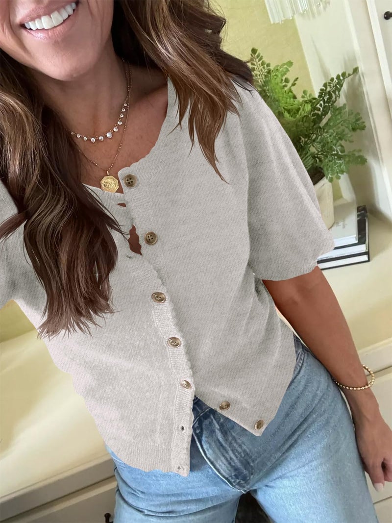 Saodimallsu Womens Puff Short Sleeve Cardigan Lightweight Summer Button Down Shirts Knit Crew Neck Sweater Tops Grey - Image 3